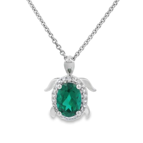 Created Green Emerald Created Sapphire Turtle Pendant Necklace Sterling Silver - Picture 1 of 2